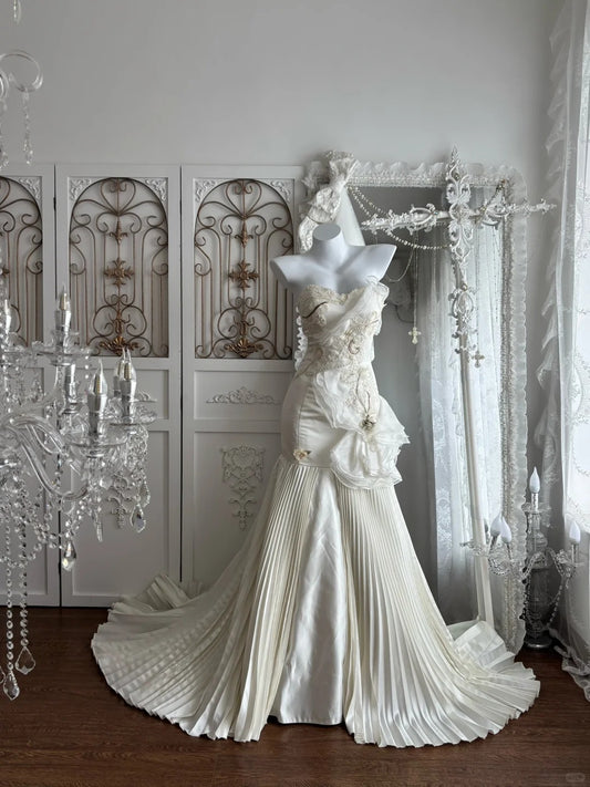 Elegant Mermaid Strapless Neck Long Wedding Dress Pleated  Beaded Satin White Prom Dress MD393
