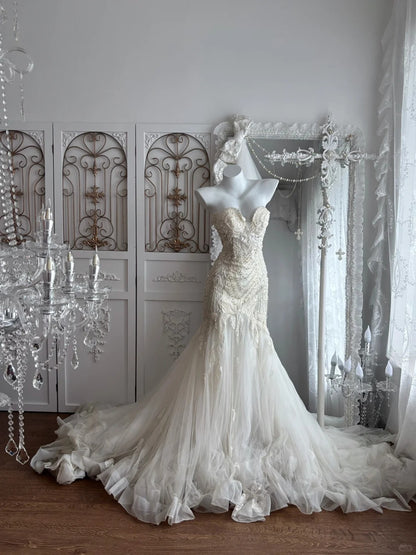 Elegant Mermaid Sweetheart Neck Long Wedding Dress Beaded Tulle White Prom Dress MD396