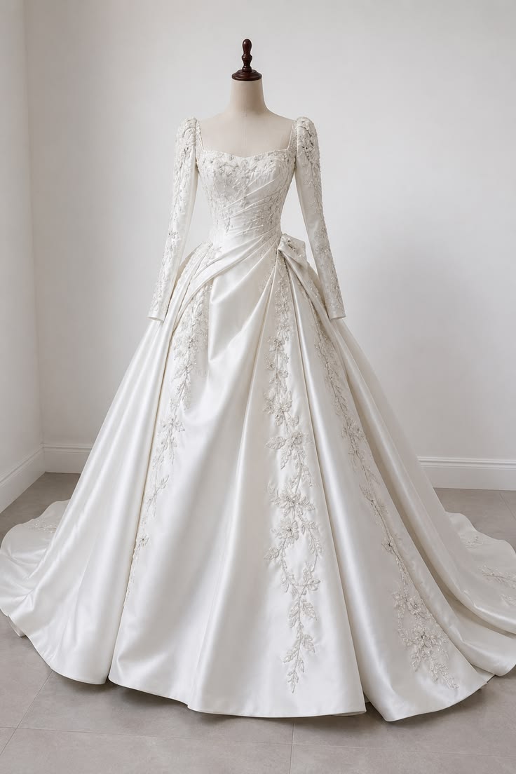 Elegant A-line Square Neck Long Wedding Dress Embroidered Lace White Prom Dress MD400