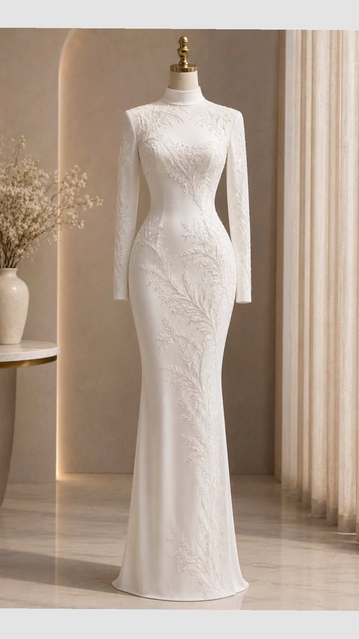 Elegant Sheath Round Neck Long Wedding Dress Embroidered Lace White Prom Dress MD401