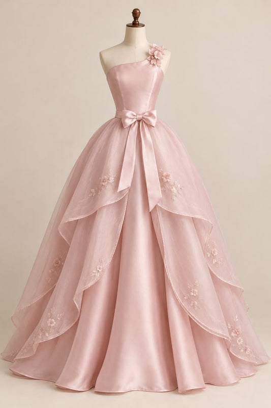 Beautiful A-line One-the-Shoulder Pink Evening Dress Tulle Prom Dress MD402
