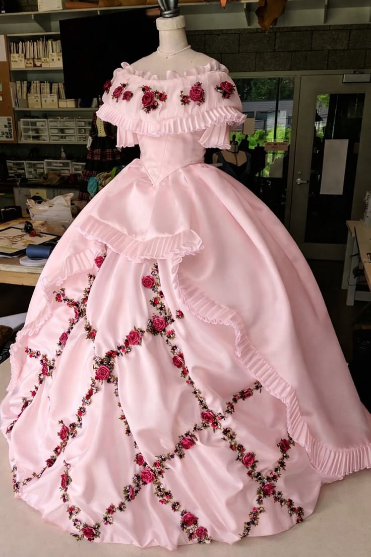 Beautiful Ball Gown One-the-Shoulder Pink Evening Dress 3D floral appliqués Satin Prom Dress MD403