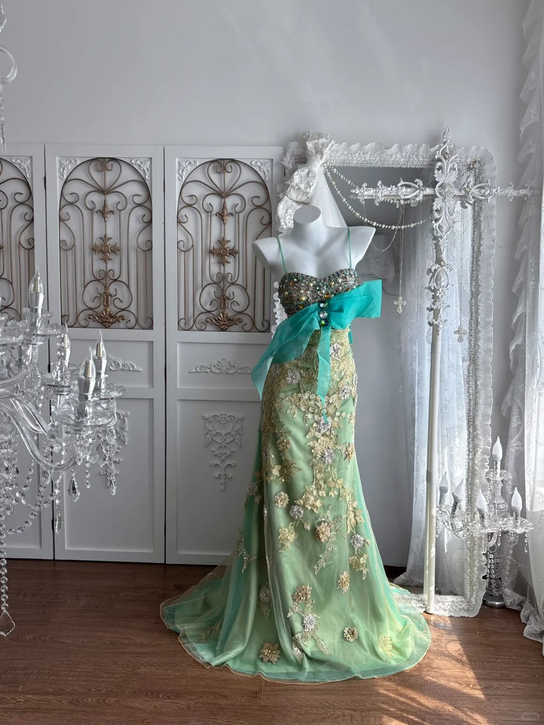 Beautiful Sheath Sweetheart Neck Green Evening Dress 3D floral appliqués Tulle Prom Dress MD415