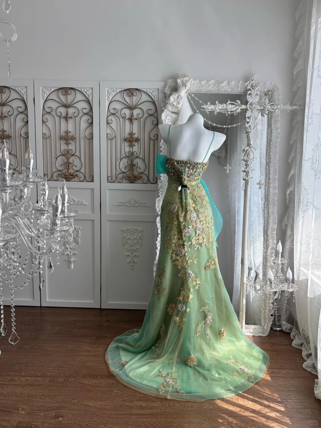 Beautiful Sheath Sweetheart Neck Green Evening Dress 3D floral appliqués Tulle Prom Dress MD415