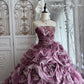 Beautiful Ball Gown Strapless Neck Purple Evening Dress Pleated 3D floral appliqués Tulle Prom Dress MD416