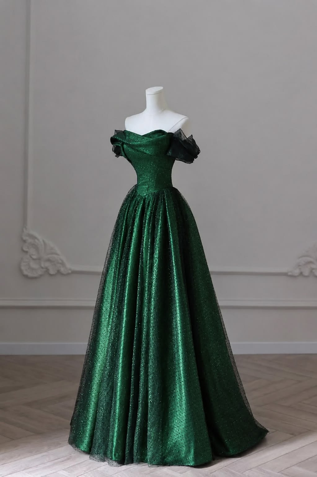 Beautiful A-line Strapless Neck Green Evening Dress Beaded Tulle Prom Dress MD423