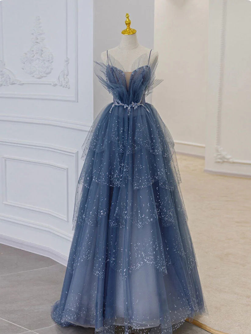 Gray blue tulle sequin long prom dress, gray blue tulle formal dress MD247