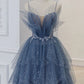 Gray blue tulle sequin long prom dress, gray blue tulle formal dress MD247