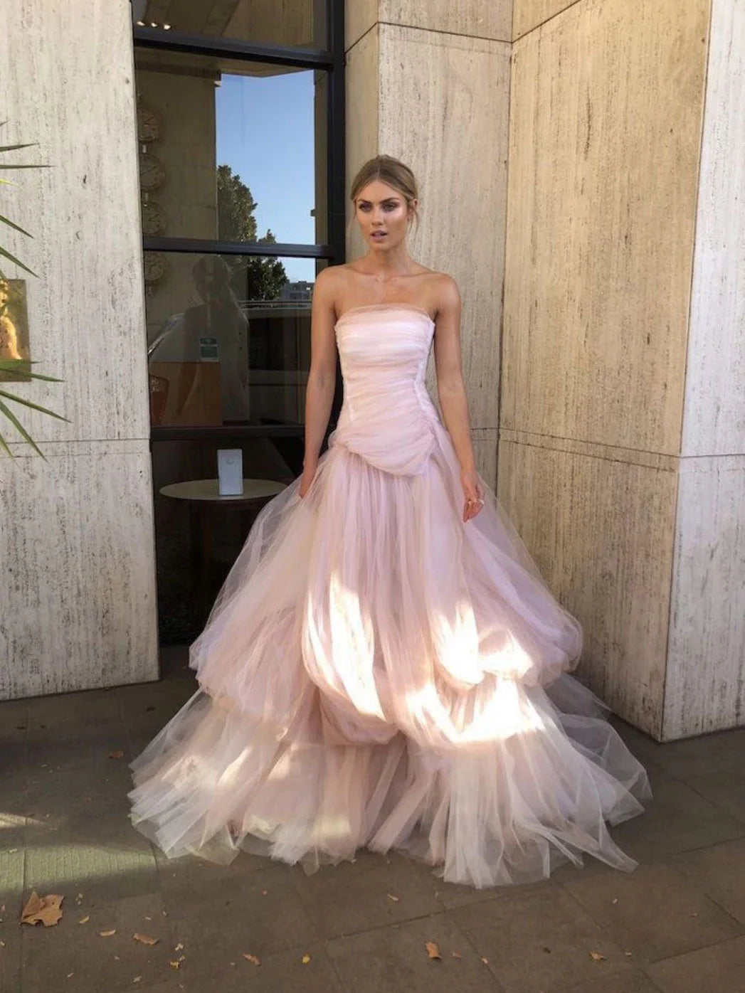 Light pink tulle long prom dress, pink tulle formal dress MD428