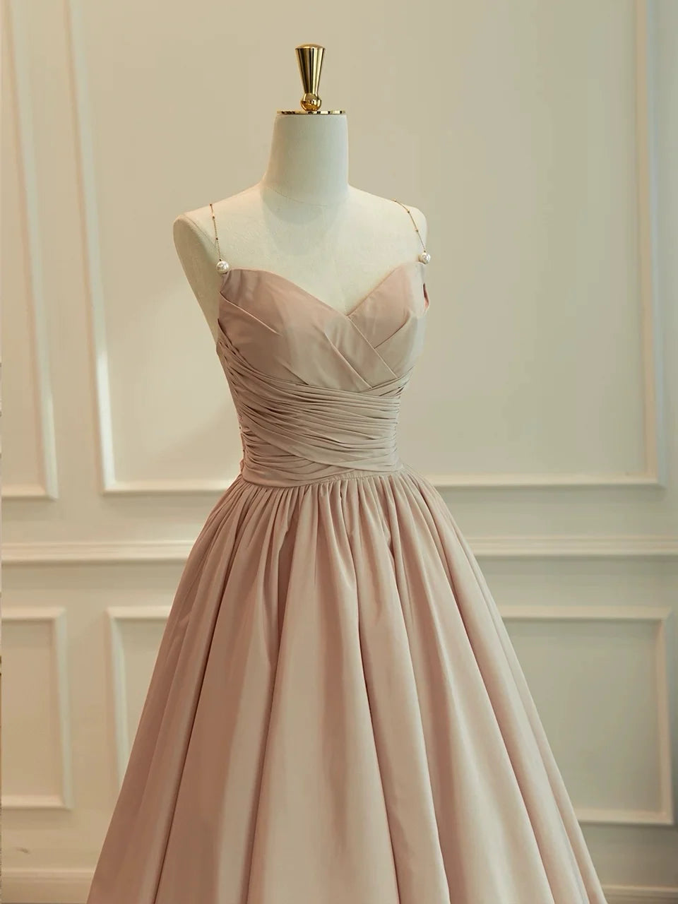 A-Line V Neck Taffeta Champagne Long Prom Dress, Champagne Long Formal Dress MD429