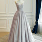 A-Line V Neck Taffeta Champagne Long Prom Dress, Champagne Long Formal Dress MD429