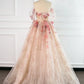 A-Line Tulle Applique Light Champagne Long Prom Dress, Light Champagne Formal Dress MD430