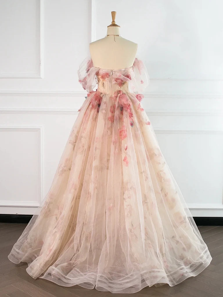 A-Line Tulle Applique Light Champagne Long Prom Dress, Light Champagne Formal Dress MD430