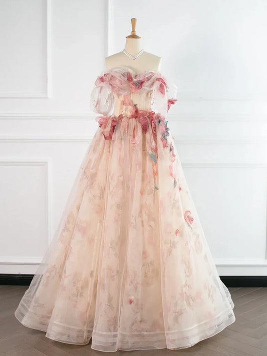 A-Line Tulle Applique Light Champagne Long Prom Dress, Light Champagne Formal Dress MD430
