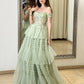 A-Line Sweetheart Neck Off Shoulder Tulle Lace Green Long Prom Dress MD431