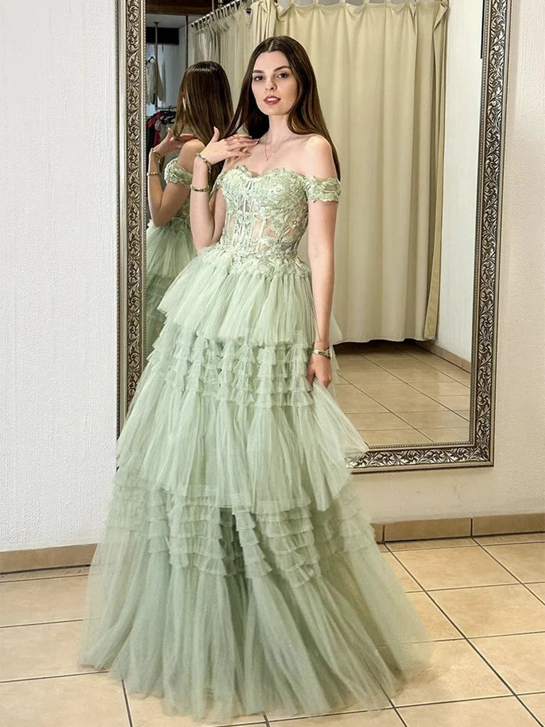A-Line Sweetheart Neck Off Shoulder Tulle Lace Green Long Prom Dress MD431
