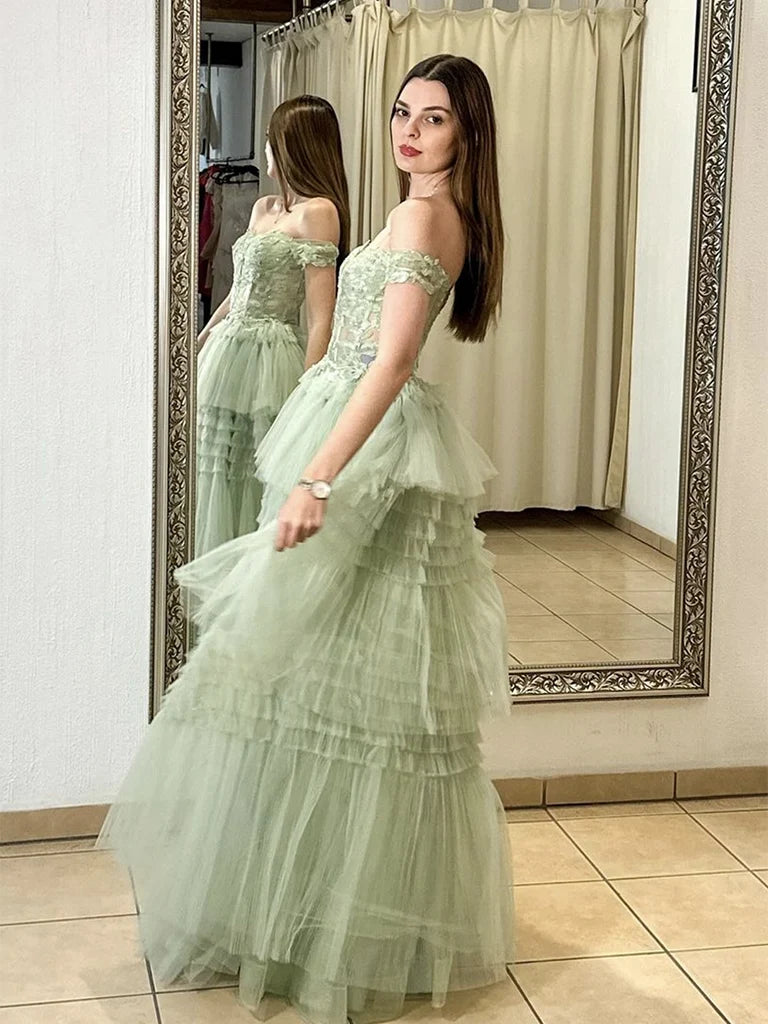 A-Line Sweetheart Neck Off Shoulder Tulle Lace Green Long Prom Dress MD431