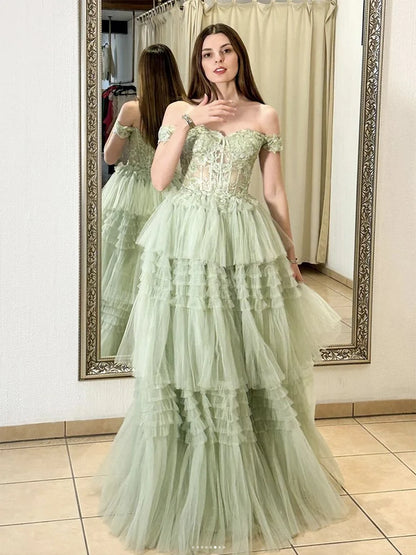 A-Line Sweetheart Neck Off Shoulder Tulle Lace Green Long Prom Dress MD431