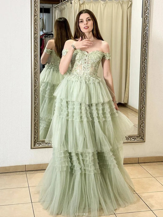 A-Line Sweetheart Neck Off Shoulder Tulle Lace Green Long Prom Dress MD431