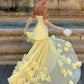 Yellow Long Prom Evening Dress Scoop Neck A-Line Ruffles Strapless MD432