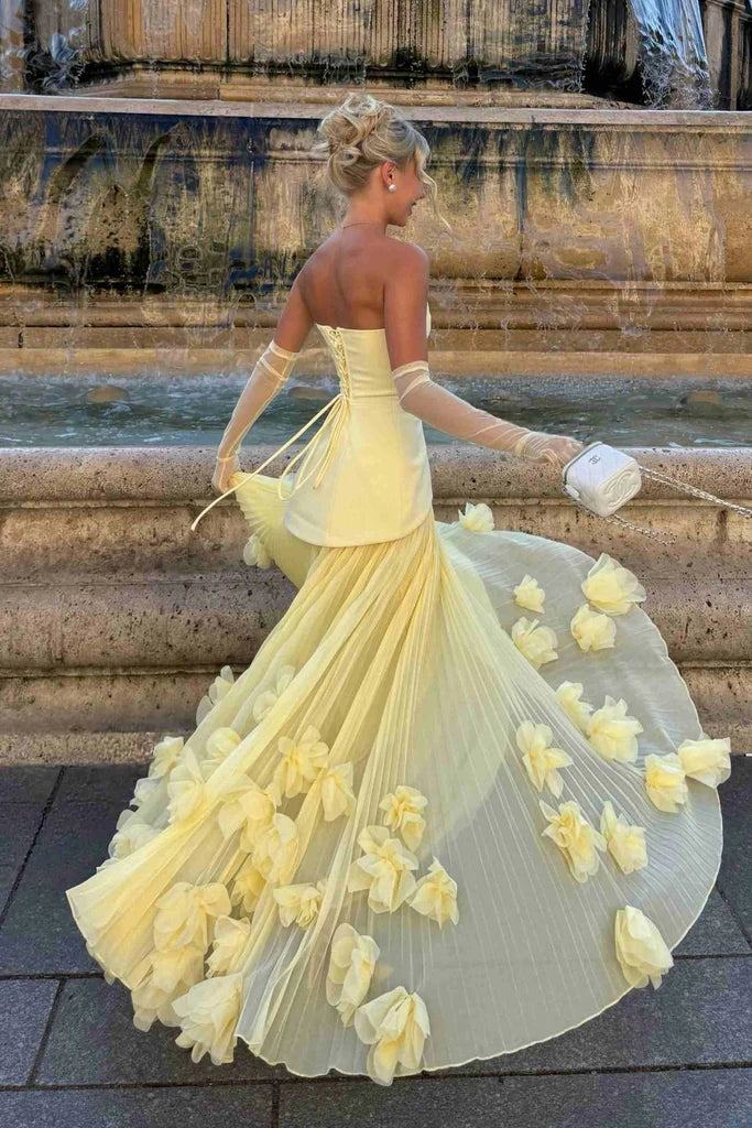 Yellow Long Prom Evening Dress Scoop Neck A-Line Ruffles Strapless MD432