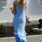 Blue Chiffon Straps V-Neck Ruffles Sleeveless Long Formal Prom Dress MD433