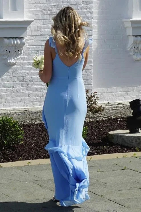 Blue Chiffon Straps V-Neck Ruffles Sleeveless Long Formal Prom Dress MD433