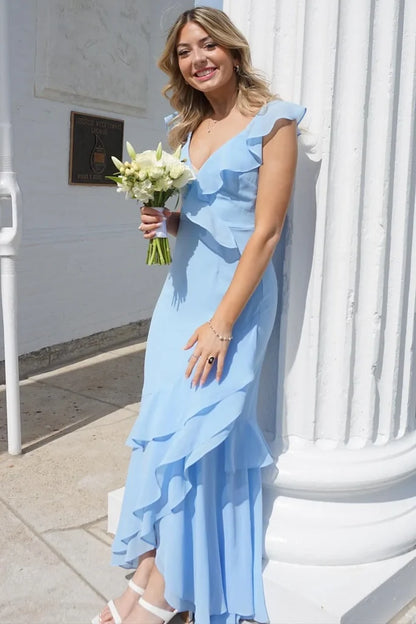 Blue Chiffon Straps V-Neck Ruffles Sleeveless Long Formal Prom Dress MD433