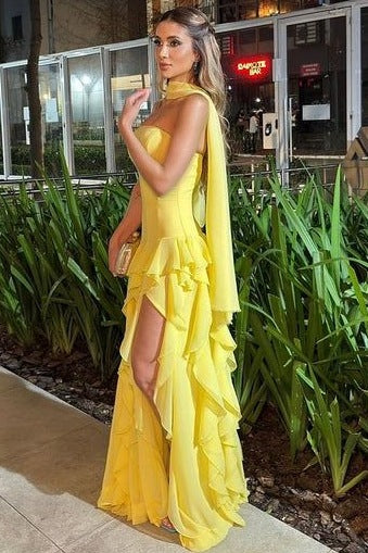 Yellow Strapless A-Line Satin Chiffon Ruffles Long Prom Dress MD435