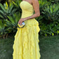 Yellow Strapless A-Line Satin Chiffon Ruffles Long Prom Dress MD435