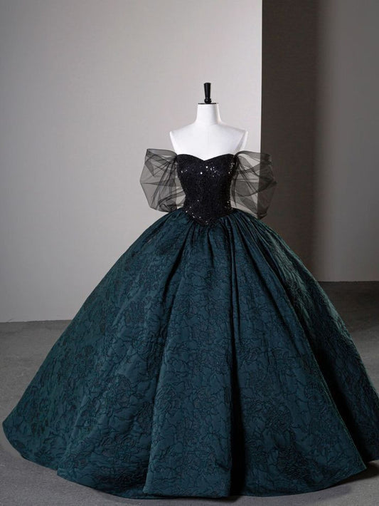 Beautiful Ball Gown Strapless Neck Dark Green Evening Dress Sequins Satin Prom Dress MD437
