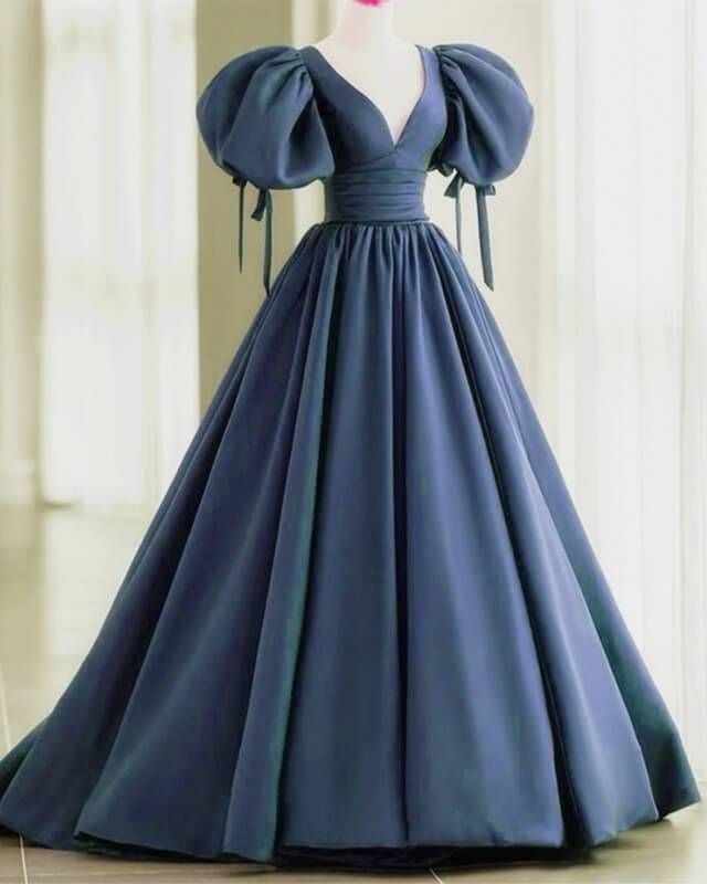 Beautiful A-line V Neck Dark Blue Evening Dress Satin Prom Dress MD439
