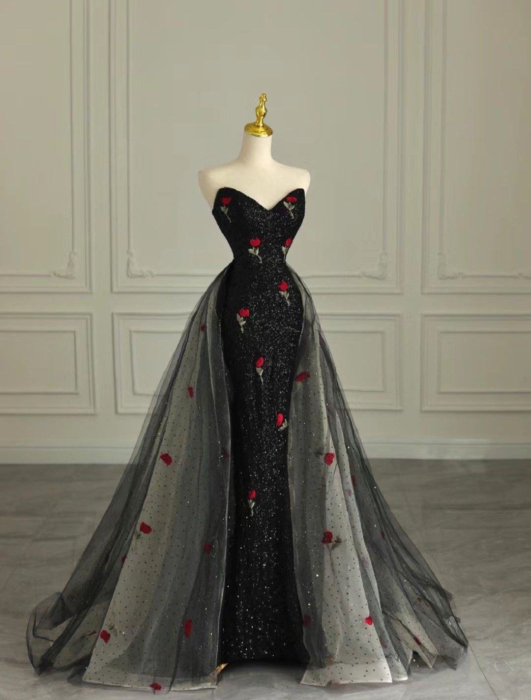 Beautiful A-line Sweetheart Neck Black Evening Dress Tulle Prom Dress MD440