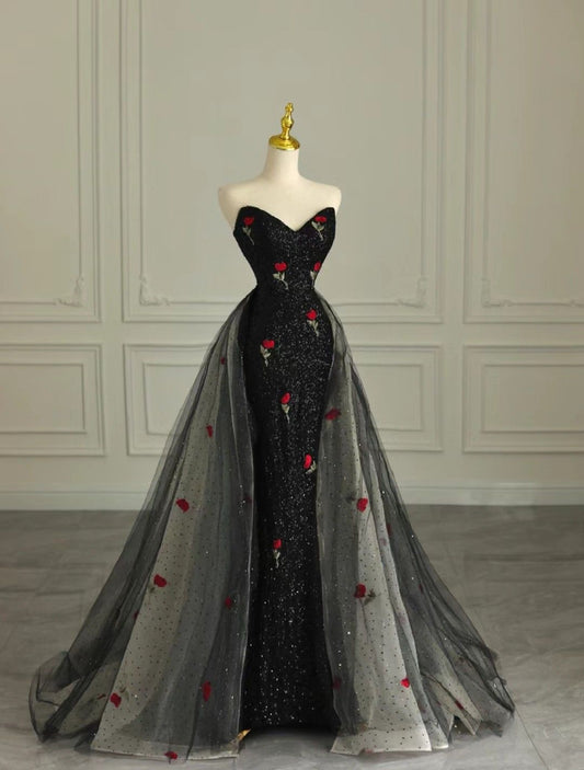 Beautiful A-line Sweetheart Neck Black Evening Dress Tulle Prom Dress MD440