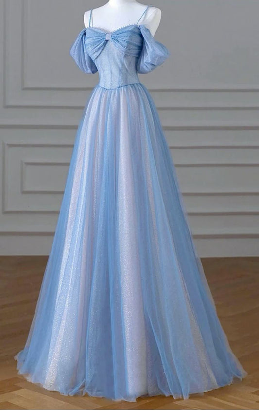Beautiful A-line Off-the-Shoulder Blue Evening Dress Tulle Prom Dress MD443