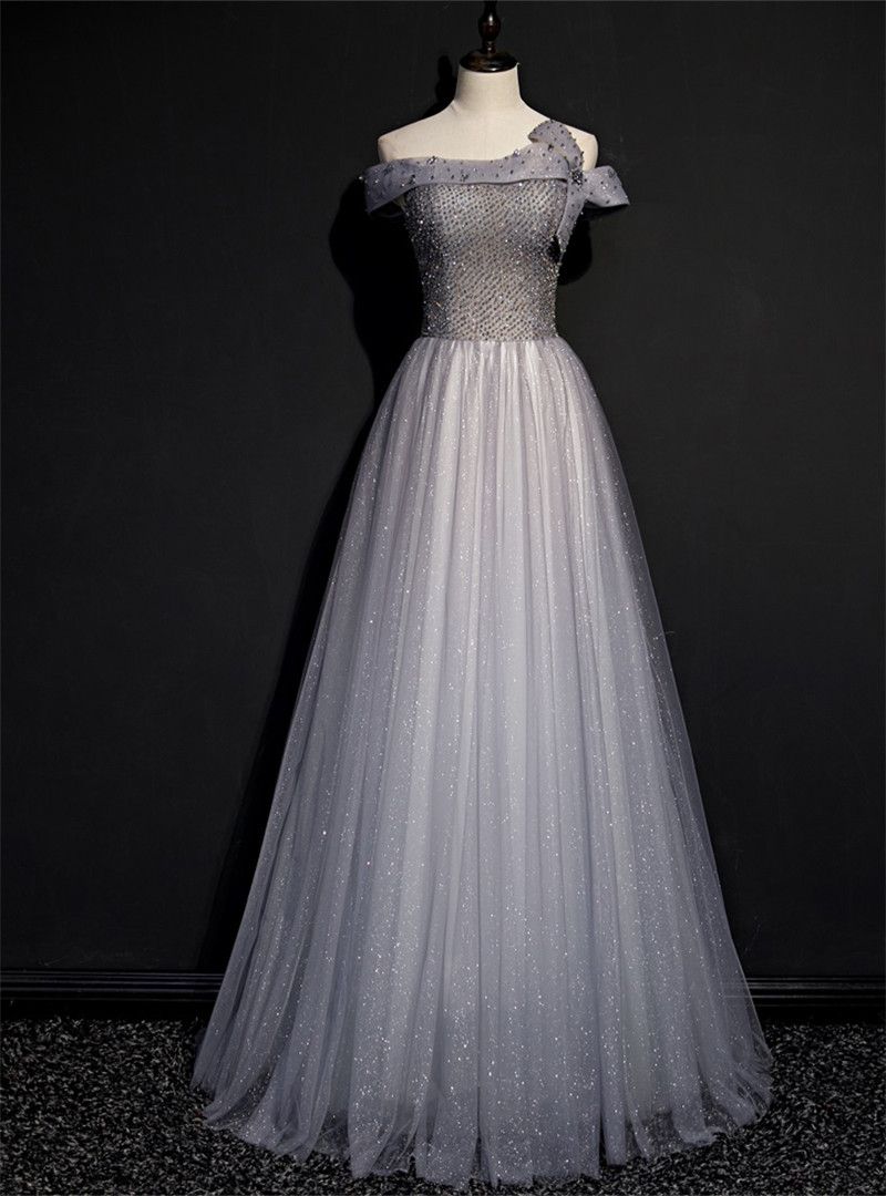 Beautiful A-line Strapless Neck Silver Evening Dress Sequins Tulle Prom Dress  MD446