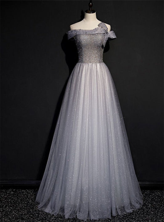 Beautiful A-line Strapless Neck Silver Evening Dress Sequins Tulle Prom Dress  MD446