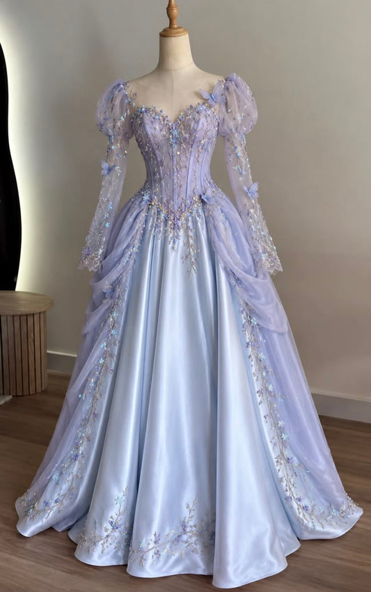 Beautiful A-line V Neck Purple Evening Dress Beaded Satin Prom Dress MD448