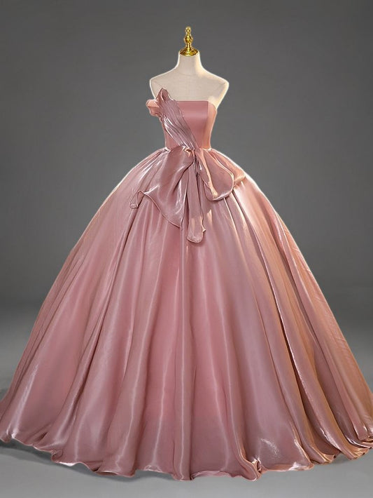 Elegant Ball Gown Strapless Neck Pink Evening Dress Satin Prom Dress MD451