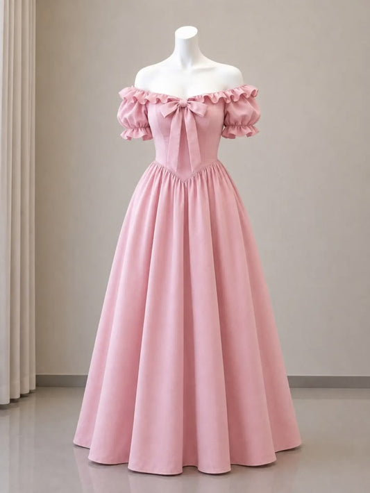 Elegant A-line Off-the-Shoulder Pink Evening Dress Satin Prom Dress MD452