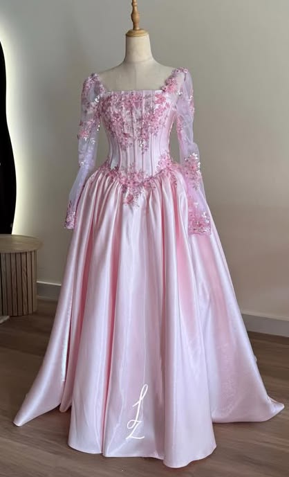 Elegant A-line Square Neck Pink Evening Dress Embroidered Satin Prom Dress MD454