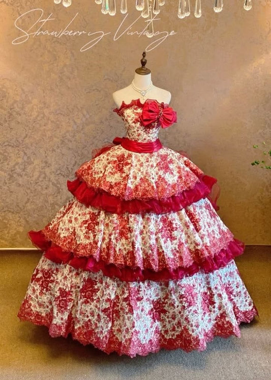 Elegant Ball Gown Off-the-Shoulder Red Evening Dress Cascade Embroidered Prom Dress MD457