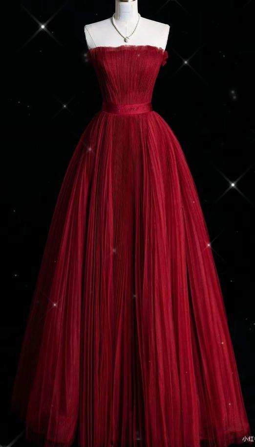 Elegant A-line Off-the-Shoulder Red Evening Dress Cascade Tulle Prom Dress MD458