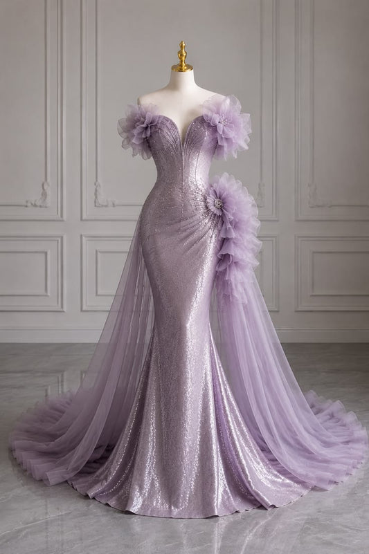 Elegant Mermaid Sweetheart Purple Evening Dress Beaded Satin Prom Dress MD460