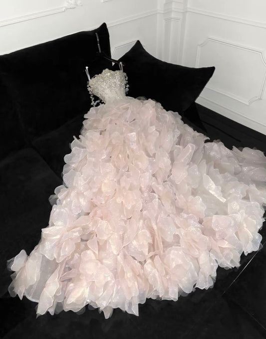 Elegant Ball Gown Spaghetti Straps Pink Evening Dress 3D organza petals Prom Dress MD461