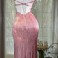 Elegant Sheath Spaghetti Straps Pink Evening Dress Beaded High Slit Tulle Prom Dress MD463