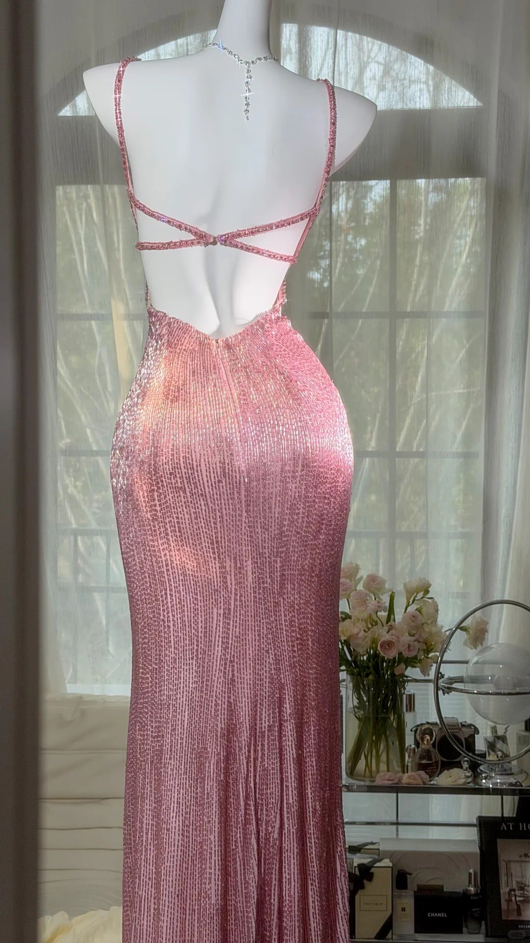 Elegant Sheath Spaghetti Straps Pink Evening Dress Beaded High Slit Tulle Prom Dress MD463