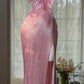 Elegant Sheath Spaghetti Straps Pink Evening Dress Beaded High Slit Tulle Prom Dress MD463