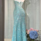 Elegant Sheath Sweetheart Blue Evening Dress Beaded Satin Prom Dress MD465
