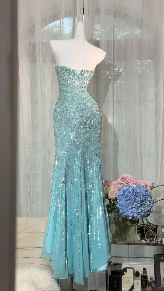 Elegant Sheath Sweetheart Blue Evening Dress Beaded Satin Prom Dress MD465